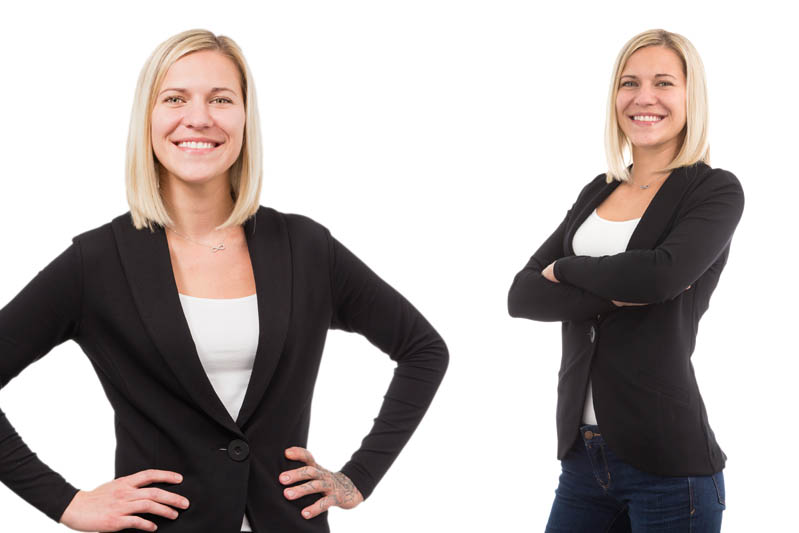 two portrait angles of the same woman on white background