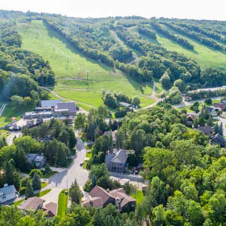 Aerial view showing the Blue Mountain Ski Resort in summertime