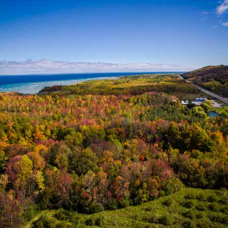 Aerial view in autumn of Georgian Bay and colorful tree foliage