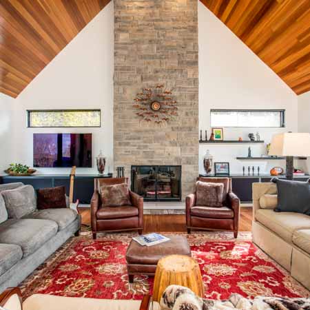 a grand living room space with high ceilings