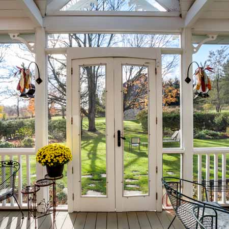 Screened porch view on sunny day in autumn in Clearview Ontario
