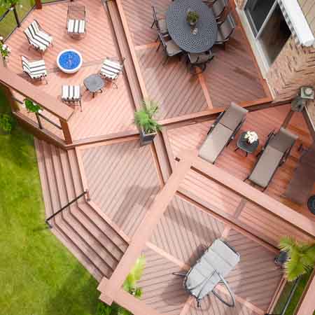 Aerial view above a large and elaborate back deck