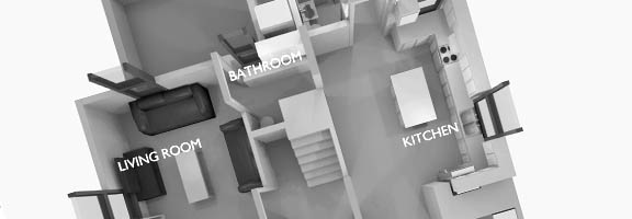 top down view with perspective of a 3d rendered floor plan in black and white
